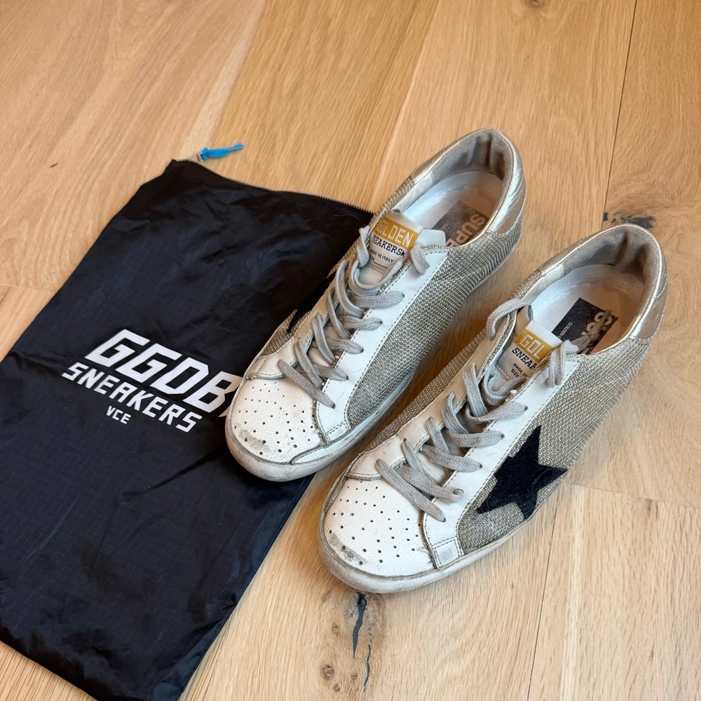 Golden Goose Cream and Silver Mesh Sneakers with Black Star